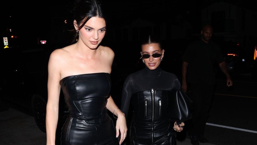 Kendall Jenner and Hailey Bieber are seen arriving for Kylie Jenner's KHY Dinner on October 26, 2023 in Santa Monica, CA, California.