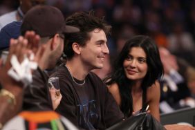 Actor Timothee Chalamet and Kylie Jenner sit court-side during the first quarter in Game Four of the Eastern Conference Second Round NBA Playoffs between the Boston Celtics and the New York Knicks at Madison Square Garden on May 12, 2025 in New York City.