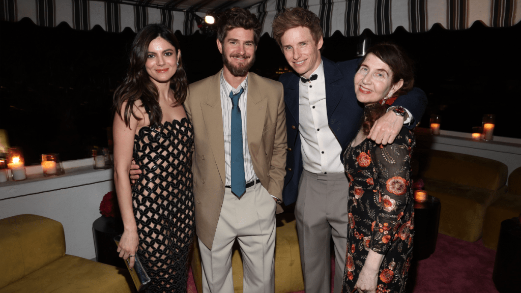 Monica Barbaro, Andrew Garfield, Eddie Redmayne and Lynn Hirschberg, W Magazine Editor at Large, attend W Magazine's Annual Best Performances Party at Chateau Marmont on January 04, 2025 in Los Angeles, California.