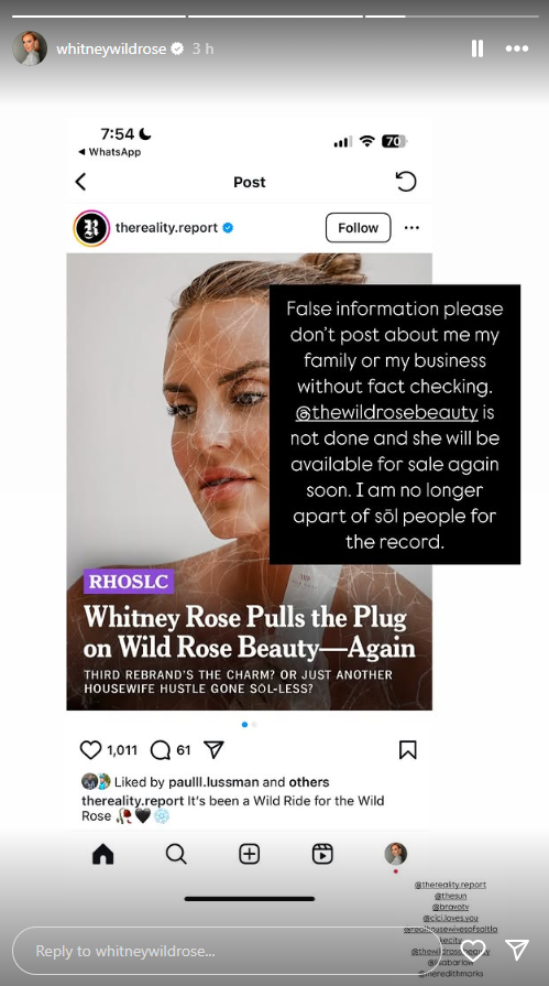 Whitney Rose claps back at claims that Wild Rose Beauty shut down