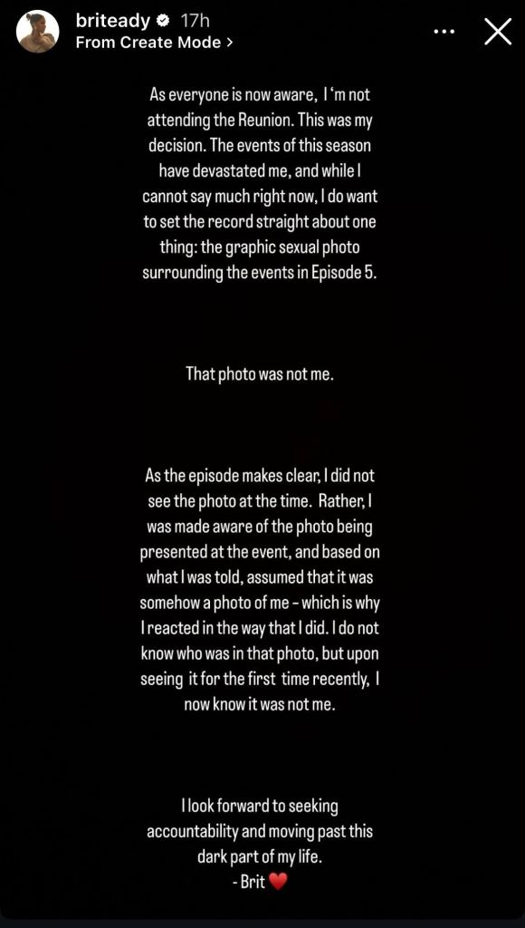 A screenshot of a statement from Brit Eady's Instagram Story