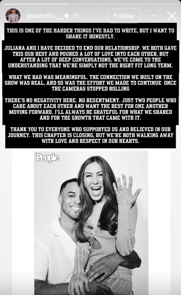 Grant Ellis announcing his split from Juliana Pasquarosa