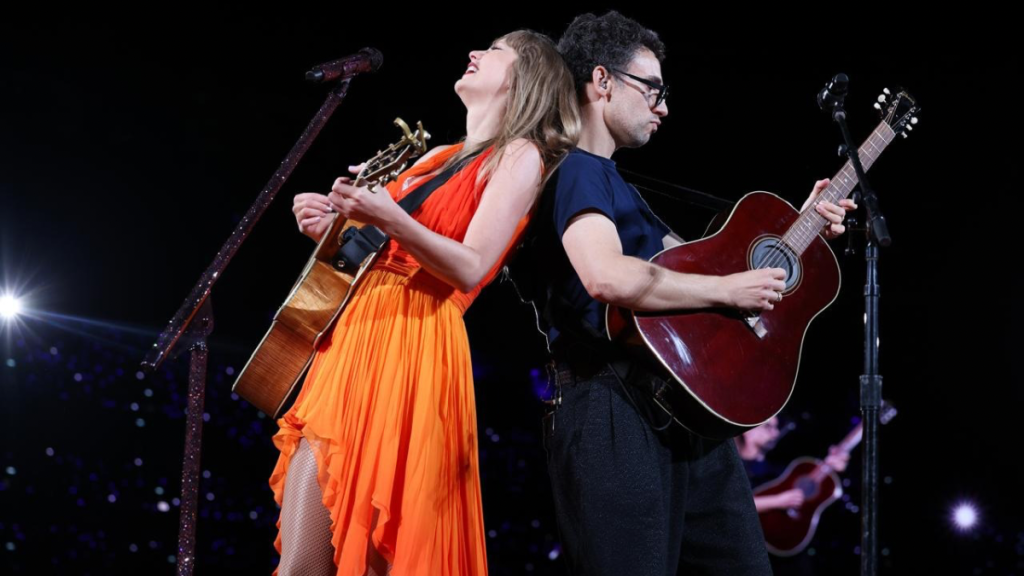 Taylor Swift and Jack Antonoff perform onstage during "Taylor Swift | The Eras Tour"