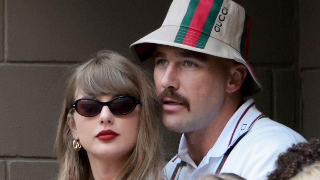 Taylor Swift and Travis Kelce attend the men's final on day fourteen of the 2024 US Open Tennis Championships at the USTA Billie Jean King Tennis Center on September 8, 2024 in Flushing Meadows, Queens, New York City.