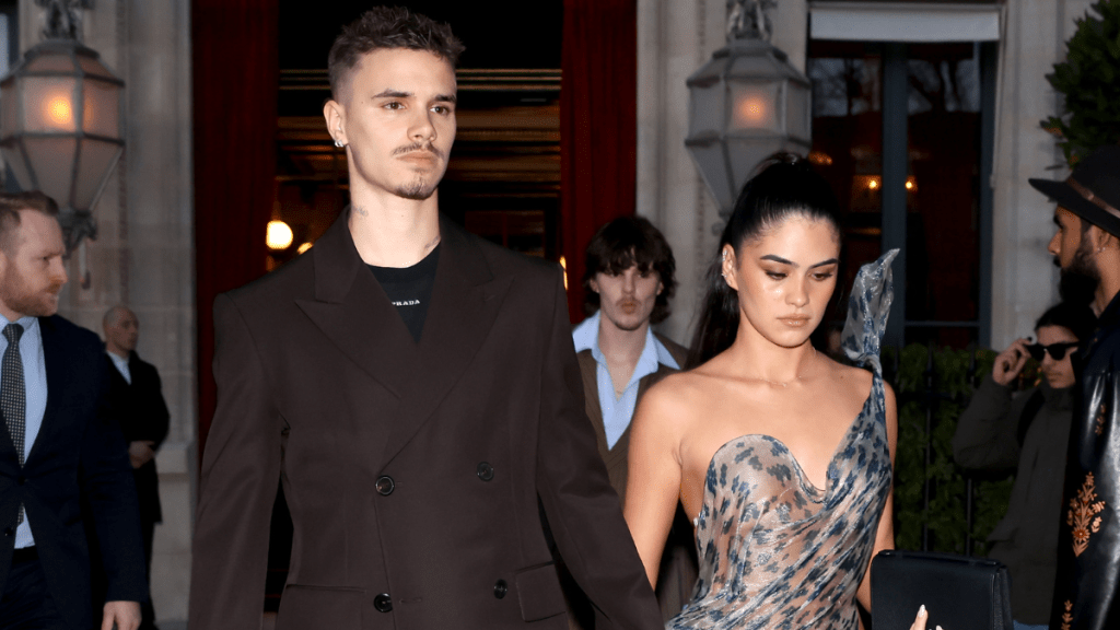 Romeo Beckham and Kim Turnbull are seen during the Womenswear Fall/Winter 2025/2026 as part of Paris Fashion Week on March 07, 2025 in Paris, France.