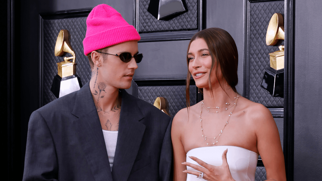 Justin Bieber and Hailey Bieber attend the 64th Annual GRAMMY Awards at MGM Grand Garden Arena on April 03, 2022 in Las Vegas, Nevada.