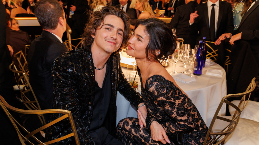 Timothée Chalamet and Kylie Jenner at the 81st Golden Globe Awards held at the Beverly Hilton Hotel on January 7, 2024 in Beverly Hills, California.