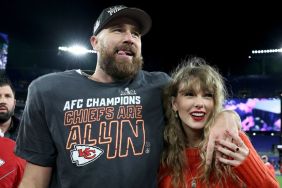 Travis Kelce #87 of the Kansas City Chiefs celebrates with Taylor Swift after a 17-10 victory against the Baltimore Ravens in the AFC Championship Game at M&T Bank Stadium on January 28, 2024 in Baltimore, Maryland.