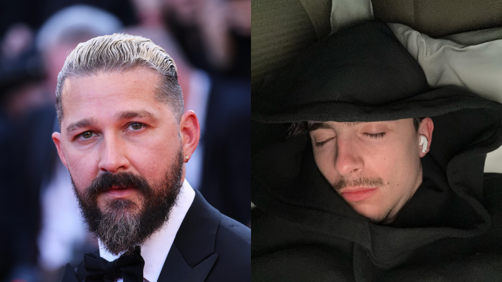 Shia LaBeouf attends the "Megalopolis" red carpet during the 77th Annual Cannes Film Festival at Palais des Festivals on May 16, 2024 in Cannes, France, Timothée Chalamet