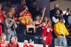 From left to right, Ice Spice, Ashley Avignone, Taylor Swift and Blake Lively are seen in their suite before Super Bowl LVIII between the Kansas City Chiefs and San Francisco 49ers at Allegiant Stadium on February 11, 2024 in Las Vegas, Nevada.