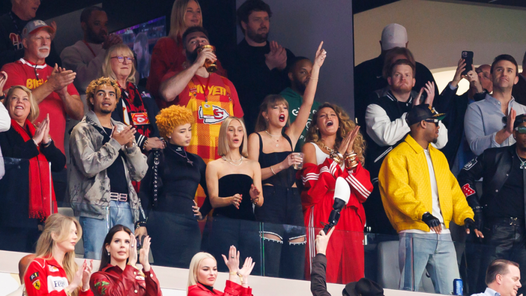 From left to right, Ice Spice, Ashley Avignone, Taylor Swift and Blake Lively are seen in their suite before Super Bowl LVIII between the Kansas City Chiefs and San Francisco 49ers at Allegiant Stadium on February 11, 2024 in Las Vegas, Nevada.