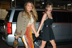 Blake Lively (L) and Taylor Swift are seen on September 30, 2023 in New York City.