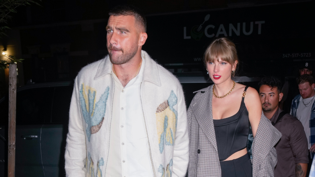 Travis Kelce and Taylor Swift arrive at SNL Afterparty on October 15, 2023 in New York City.