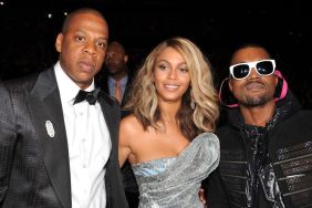 Rapper Jay-Z, singer Beyonce and rapper Kanye West at the 50th Annual GRAMMY Awards at the Staples Center on February 10, 2008 in Los Angeles, California.