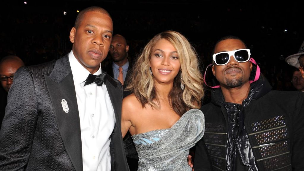 Rapper Jay-Z, singer Beyonce and rapper Kanye West at the 50th Annual GRAMMY Awards at the Staples Center on February 10, 2008 in Los Angeles, California.