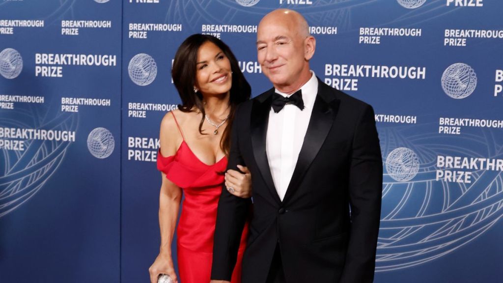Lauren Sanchez and Jeff Bezos attend the 2025 Breakthrough Prize Ceremony at Barker Hangar on April 05, 2025 in Santa Monica, California.