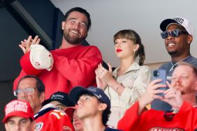 Travis Kelce, left, Taylor Swift and Aric Jones react as the Edmonton Oilers and the Florida Panthers play during the first period in Game Four of the 2025 Stanley Cup Final at Amerant Bank Arena on June 12, 2025 in Sunrise, Florida.