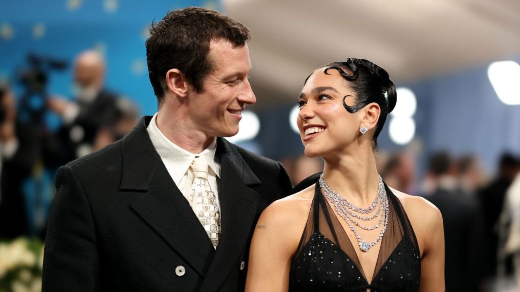 Callum Turner and Dua Lipa attend the 2025 Met Gala Celebrating "Superfine: Tailoring Black Style" at Metropolitan Museum of Art on May 05, 2025 in New York City.