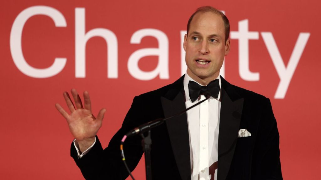 Britain's Prince William, Prince of Wales delivers a speech during the London Air Ambulance Charity Gala Dinner at The OWO on February 7, 2024 in London, England.