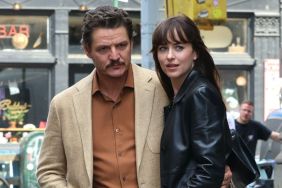 Pedro Pascal and Dakota Johnson are seen on the set of "Materialists" set in Tribeca, Manhattan on May 08, 2024 in New York City.