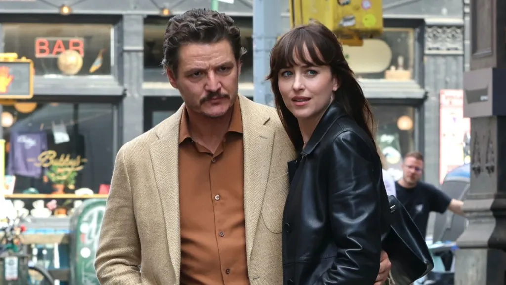 Pedro Pascal and Dakota Johnson are seen on the set of "Materialists" set in Tribeca, Manhattan on May 08, 2024 in New York City.