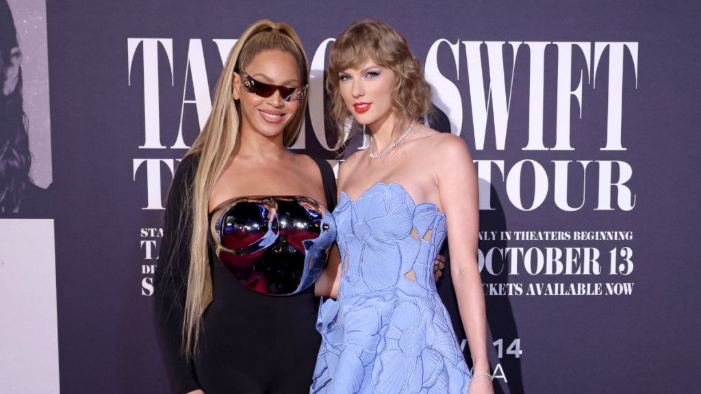 Beyoncé Knowles-Carter and Taylor Swift attend the "Taylor Swift: The Eras Tour" Concert Movie World Premiere at AMC The Grove 14 on October 11, 2023 in Los Angeles, California