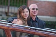 Jeff Bezos and Lauren Sanchez are seen leaving the Aman Hotel for a party at the Arsenale on June 28, 2025 in Venice, Italy