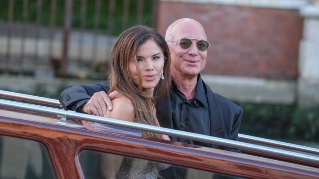 Jeff Bezos and Lauren Sanchez are seen leaving the Aman Hotel for a party at the Arsenale on June 28, 2025 in Venice, Italy