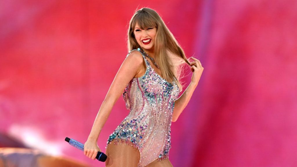 Taylor Swift performs on stage during the "Taylor Swift | The Eras Tour" at Wembley Stadium on August 15, 2024 in London, England