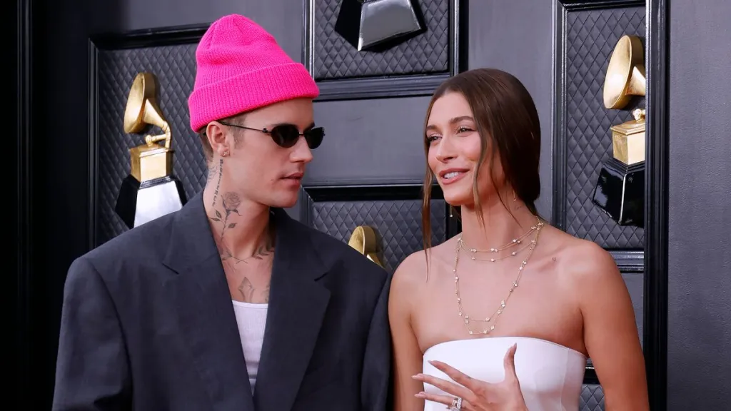 Justin Bieber and Hailey Bieber attend the 64th Annual GRAMMY Awards at MGM Grand Garden Arena on April 03, 2022 in Las Vegas, Nevada