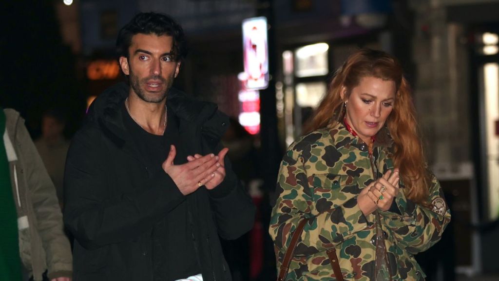 Justin Baldoni and Blake Lively are seen on the set of 'It Ends with Us' on January 12, 2024 in Jersey City, New Jersey