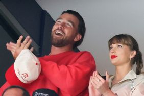 Travis Kelce, left, and Taylor Swift react as the Edmonton Oilers and the Florida Panthers play during the first period in Game Four of the 2025 Stanley Cup Final at Amerant Bank Arena on June 12, 2025 in Sunrise, Florida