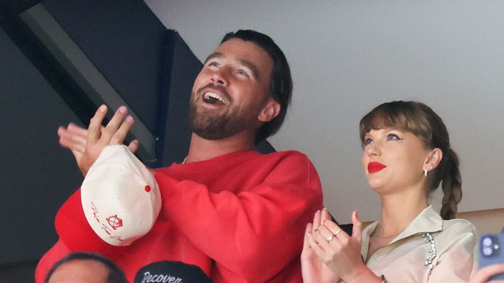 Travis Kelce, left, and Taylor Swift react as the Edmonton Oilers and the Florida Panthers play during the first period in Game Four of the 2025 Stanley Cup Final at Amerant Bank Arena on June 12, 2025 in Sunrise, Florida