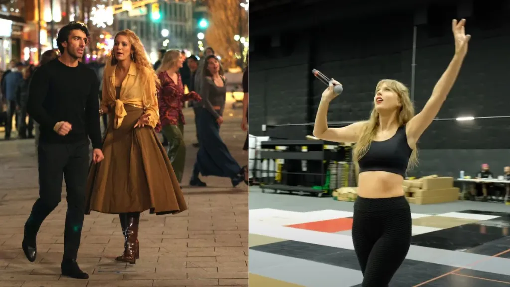 ustin Baldoni and Blake Lively are seen on the set of 'It Ends with Us', Taylor Swift's official music video for 'I Can Do It With A Broken Heart'