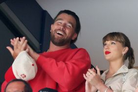 Travis Kelce and Taylor Swift react as the Edmonton Oilers and the Florida Panthers play during the first period in Game Four of the 2025 Stanley Cup Final at Amerant Bank Arena on June 12, 2025 in Sunrise, Florida
