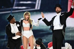 Taylor Swift is joined on stage by Travis Kelce (R), during "Taylor Swift | The Eras Tour" at Wembley Stadium on June 23, 2024 in London, England