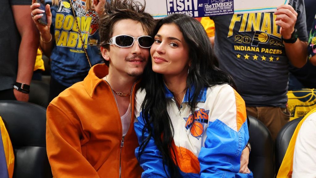 Timothee Chalamet and Kylie Jenner attend Game Six of the Eastern Conference Finals of the 2025 NBA Playoffs between the New York Knicks and the Indiana Pacers at Gainbridge Fieldhouse on May 31, 2025 in Indianapolis, Indiana.