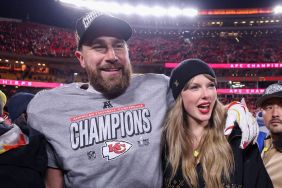 Taylor Swift celebrates with Travis Kelce #87 of the Kansas City Chiefs after defeating the Buffalo Bills 32-29 in the AFC Championship Game at GEHA Field at Arrowhead Stadium on January 26, 2025 in Kansas City, Missouri