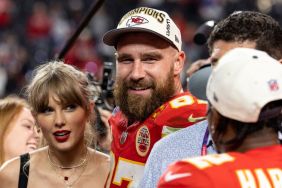 Travis Kelce and Taylor Swift at Allegiant Stadium on February 11, 2024 in Las Vegas, Nevada