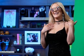 Leah McSweeney in a black dress on Watch What Happens Live, wearing the "Ramona Eyes" glasses