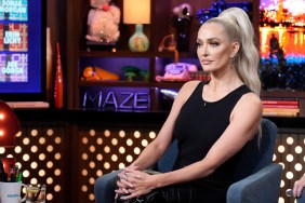 Erika Jayne in a black jumpsuit and high ponytail on Watch What Happens Live