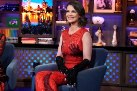 Julia Lemigova in a black and red dress on Watch What Happens Live
