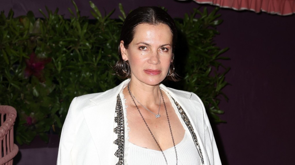 Julia Lemigova in a white blazer at the Larsa Light launch party