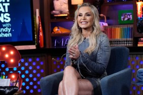 Tamra Judge in a denim dress on Watch What Happens Live