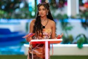 Cierra Ortega speaking from a podium on Love Island USA