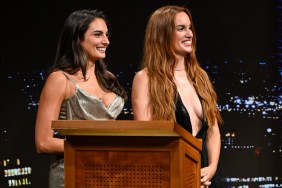 Paige DeSorbo and Hannah Berner at the announcer podium on The Tonight Show Starring Jimmy Fallon