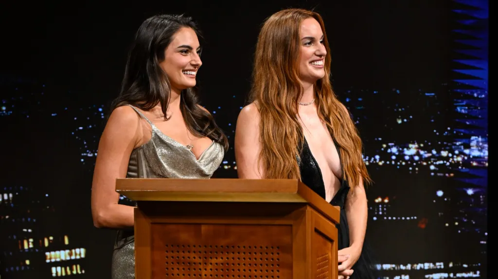 Paige DeSorbo and Hannah Berner at the announcer podium on The Tonight Show Starring Jimmy Fallon