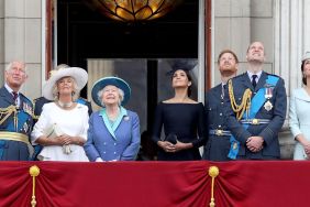 Prince Charles, Prince of Wales, Camilla, Duchess of Cornwall, Queen Elizabeth II, Meghan, Duchess of Sussex, Prince Harry, Duke of Sussex, Prince William, Duke of Cambridge and Catherine, Duchess of Cambridge watch the RAF flypast on the balcony of Buckingham Palace, as members of the Royal Family attend events to mark the centenary of the RAF on July 10, 2018 in London, England
