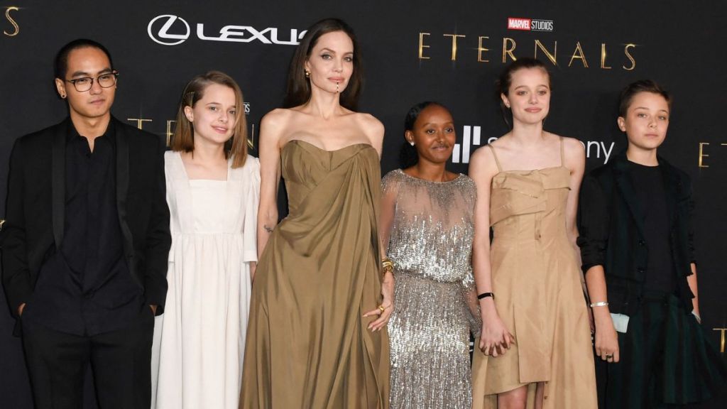 Maddox, Vivienne, Zahara, Shiloh and Knox arrive for the world premiere of Marvel Studios' "Eternals" at the Dolby theatre in Los Angeles, October 18, 2021.