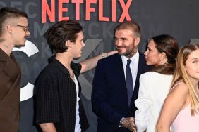 Romeo Beckham, Cruz Beckham, David Beckham, Victoria Beckham and Harper Beckham attend the Netflix 'Beckham' UK Premiere at The Curzon Mayfair on October 03, 2023 in London, England.